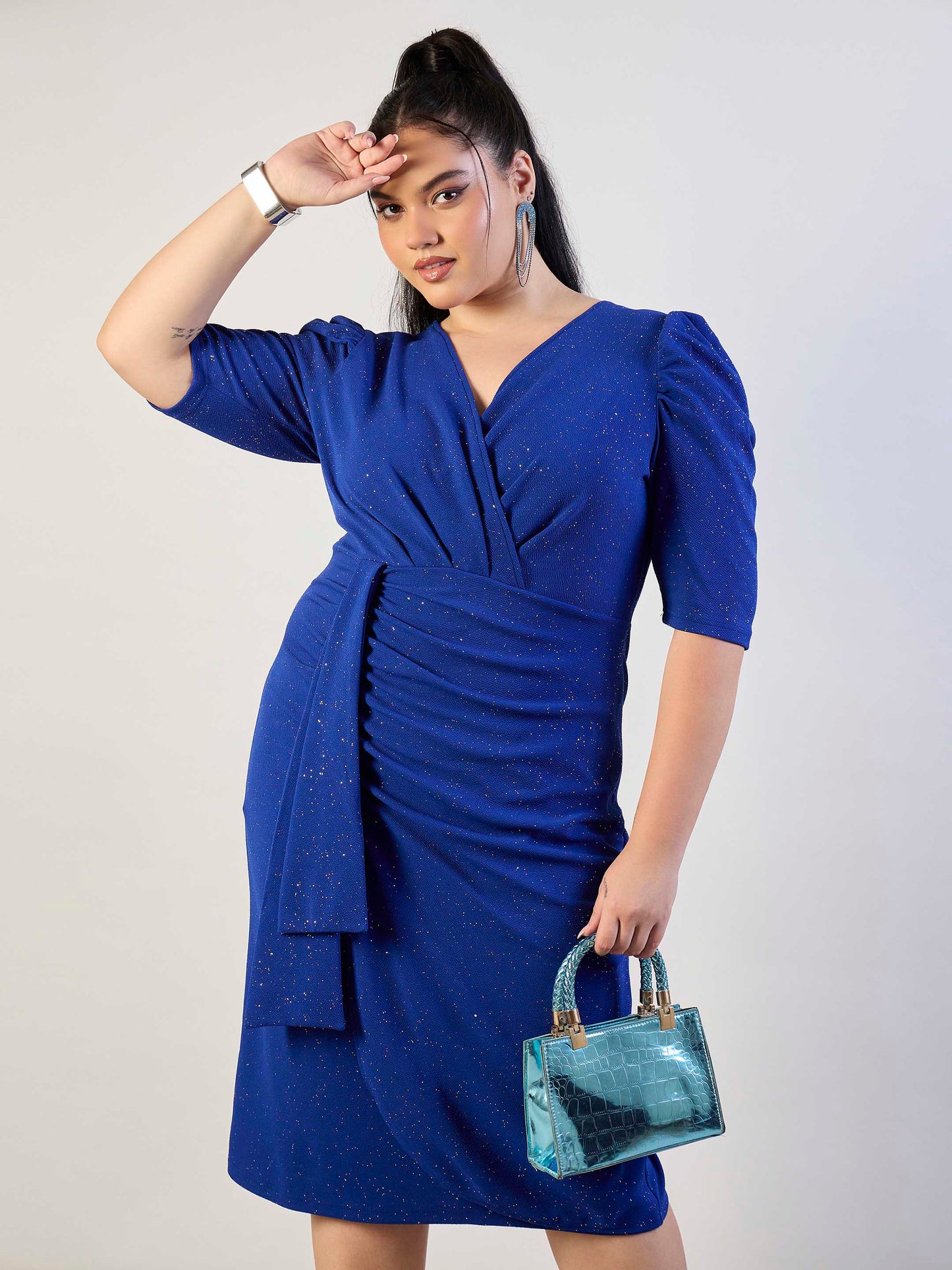 Royal Blue Glitter Front Ruched Dress