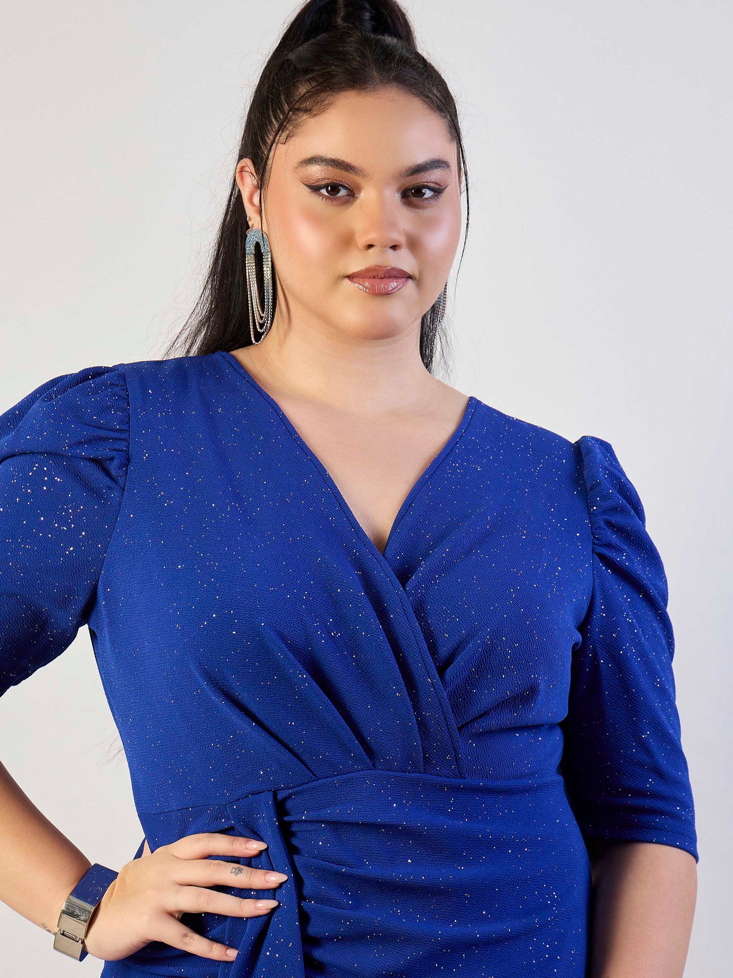 Royal Blue Glitter Front Ruched Dress