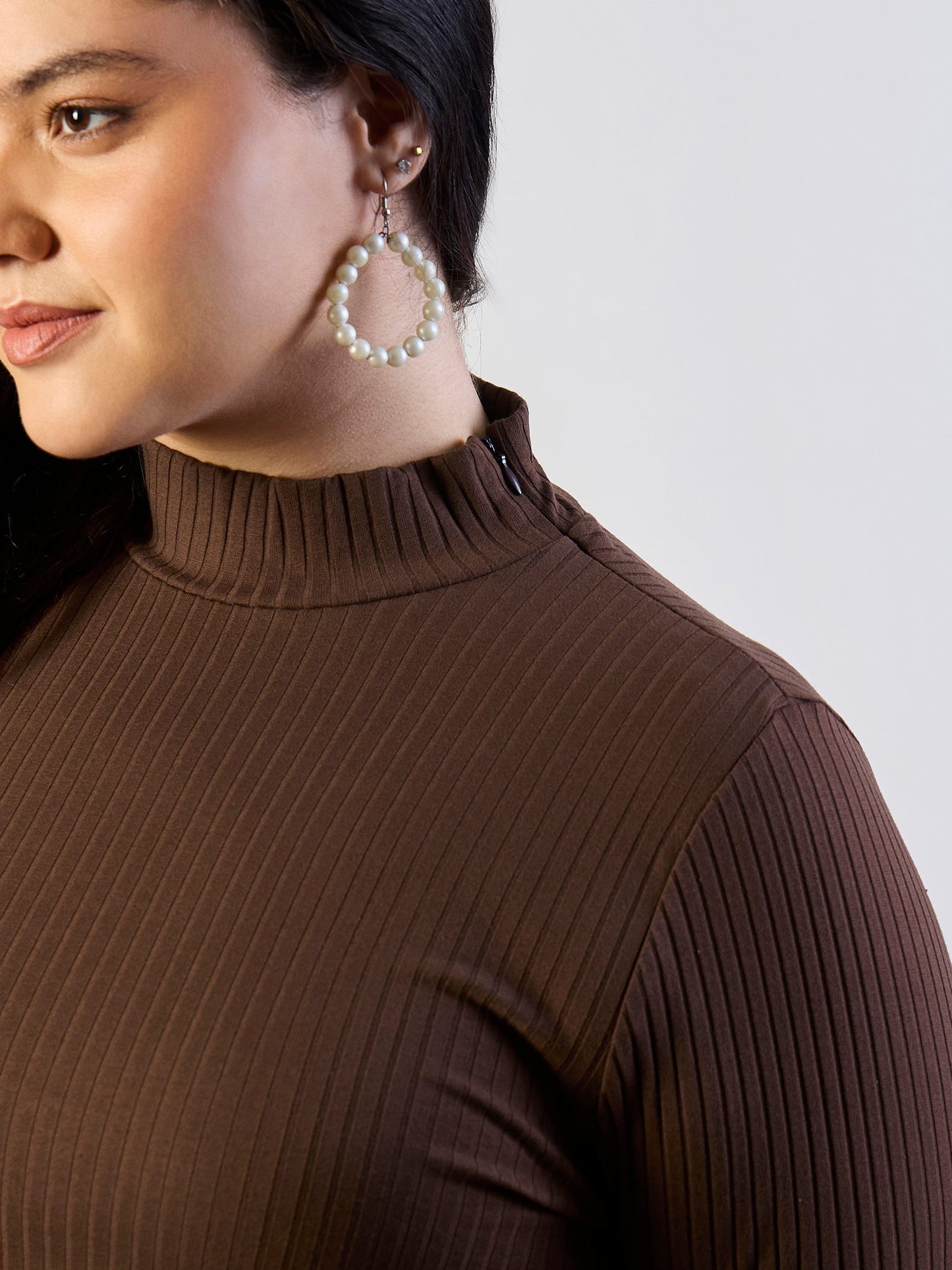 Brown Rib Bodycon Side Slit Midi Dress