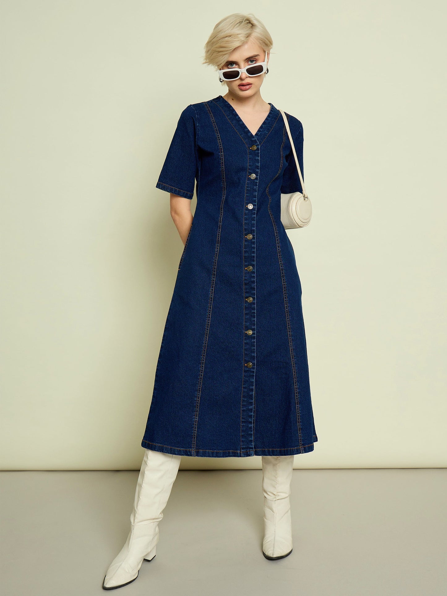 Women Navy Blue Denim V Neck Midi Dress