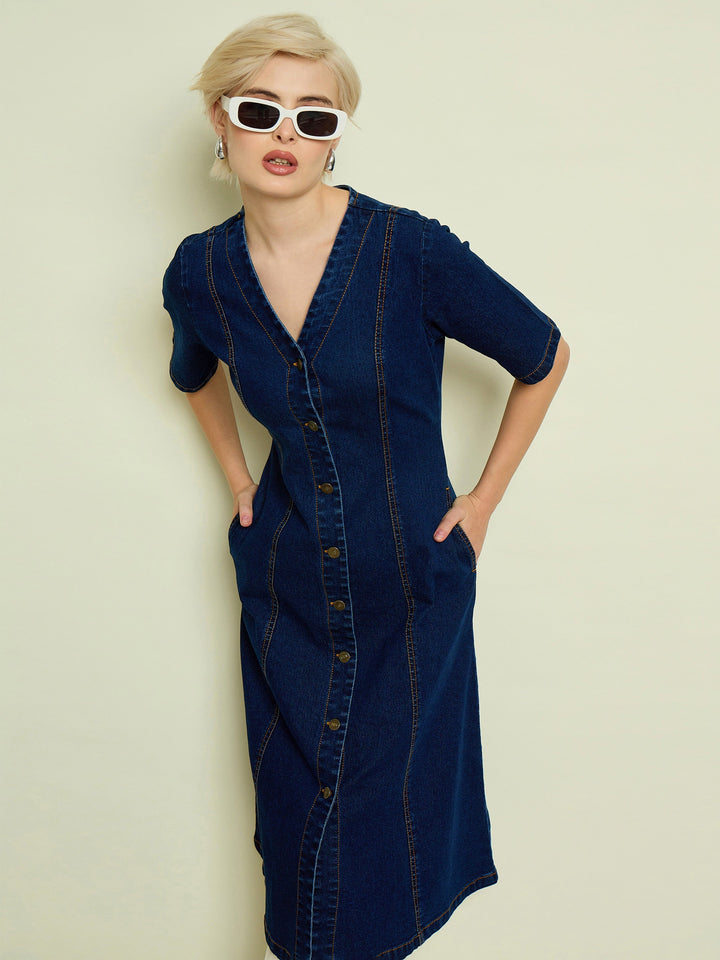 Women Navy Denim V Neck Midi Dress