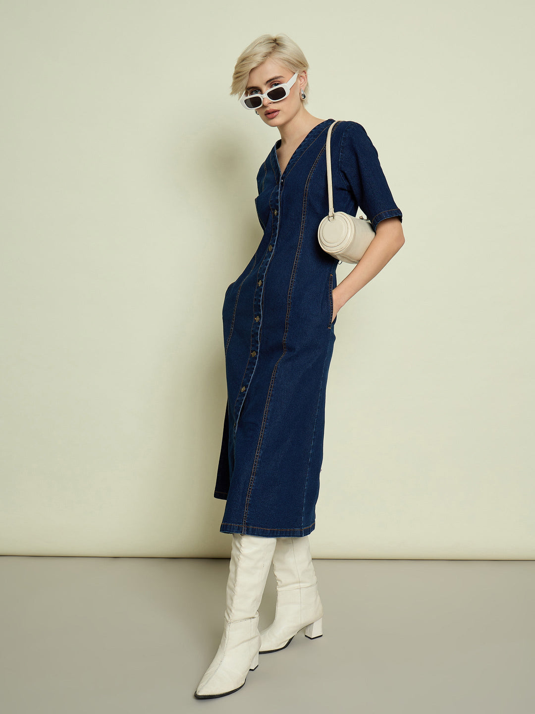 Women Navy Denim V Neck Midi Dress