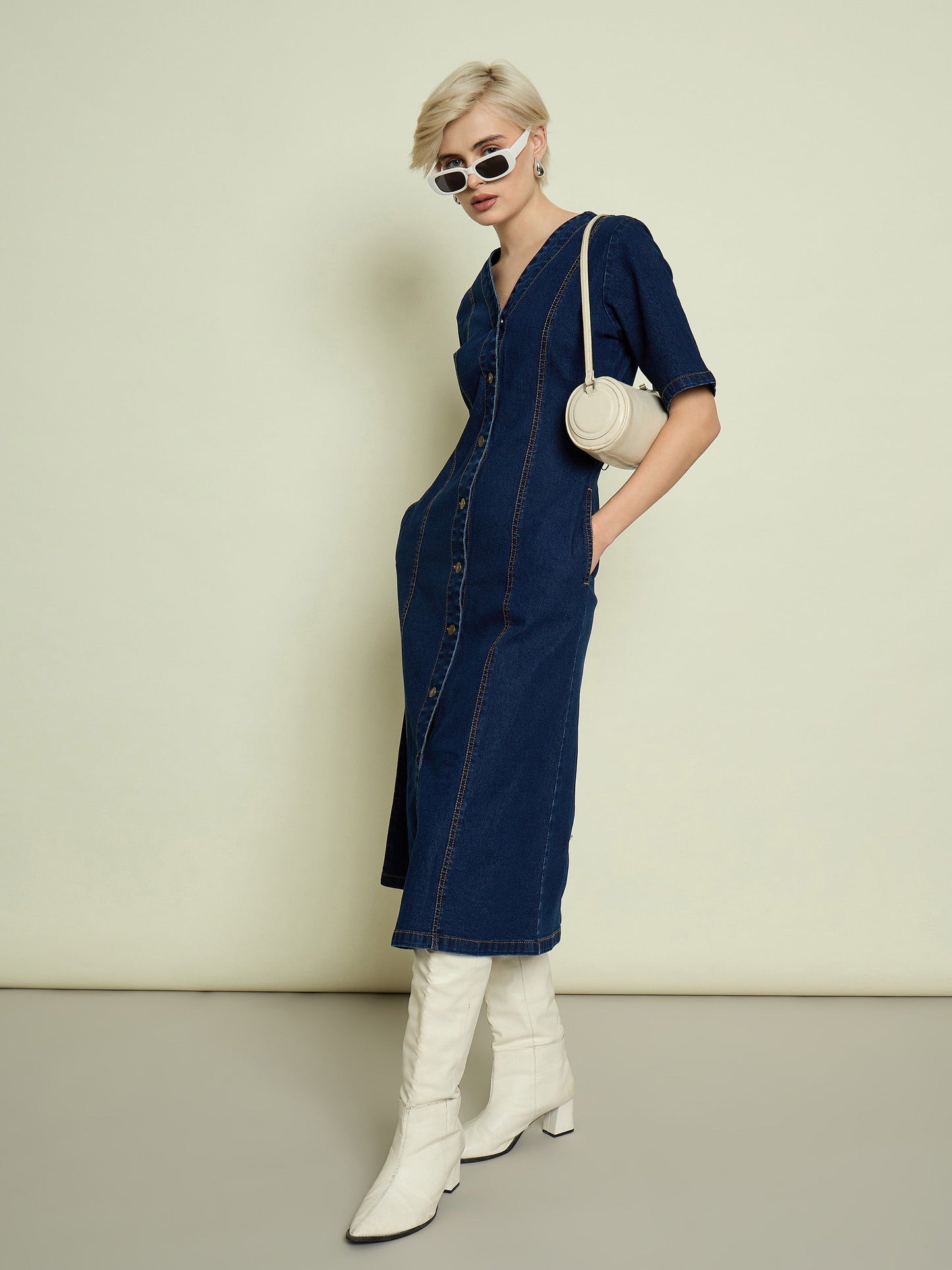 Women Navy Blue Denim V Neck Midi Dress