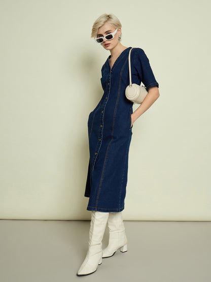 Women Navy Blue Denim V Neck Midi Dress
