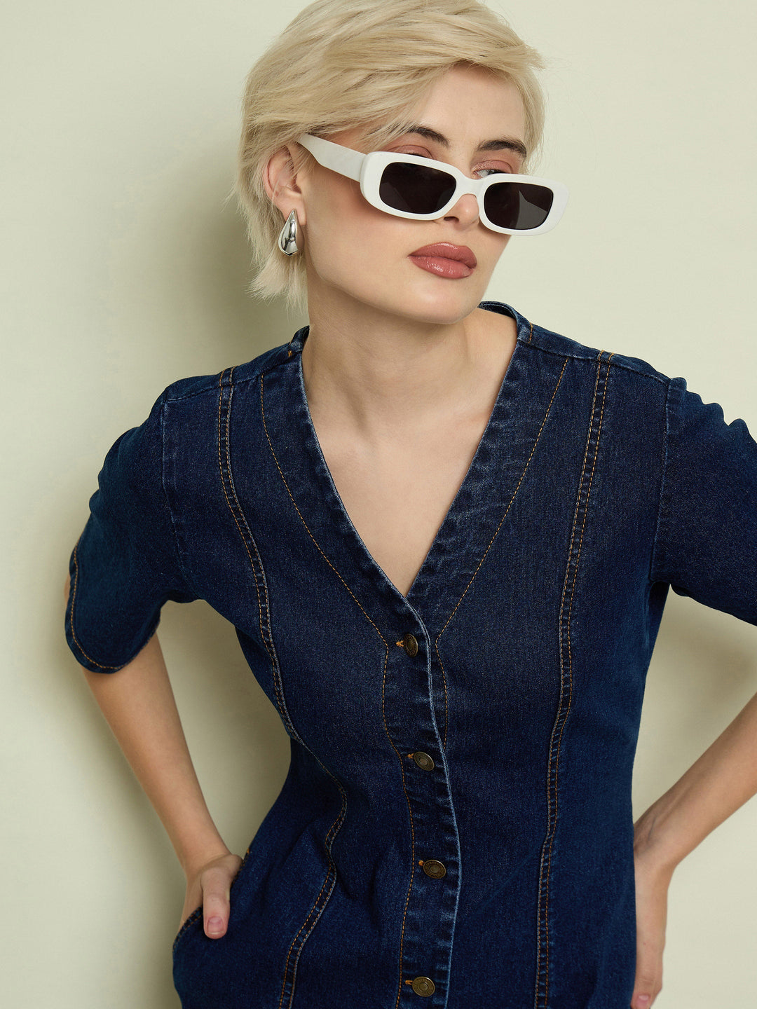 Women Navy Denim V Neck Midi Dress