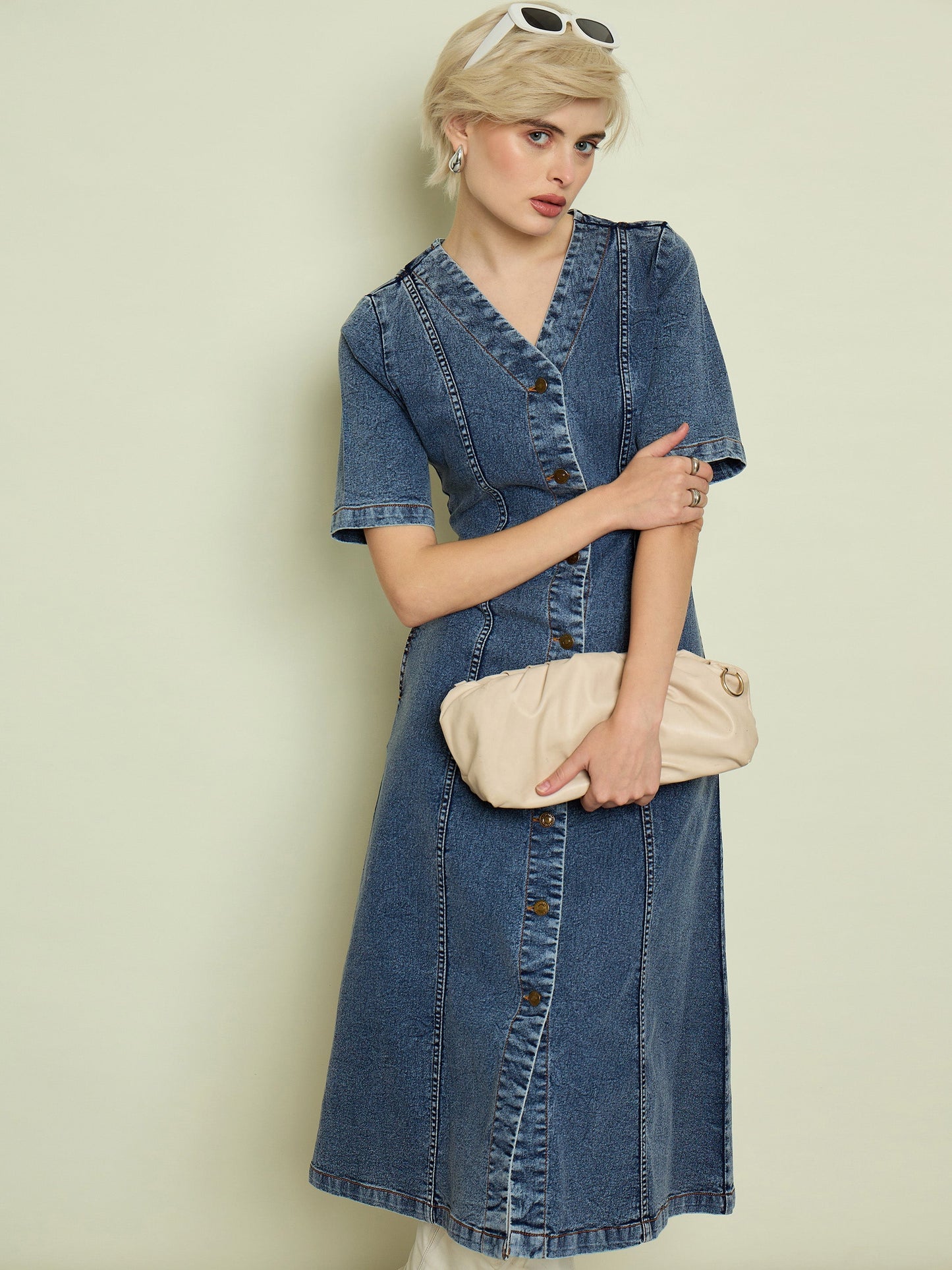 Women Blue Blast Denim V Neck Midi Dress