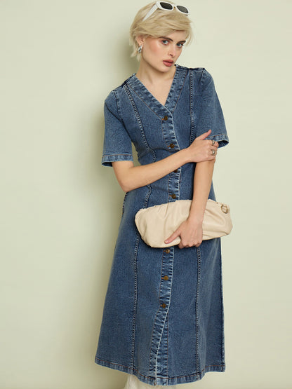 Women Blue Blast Denim V Neck Midi Dress