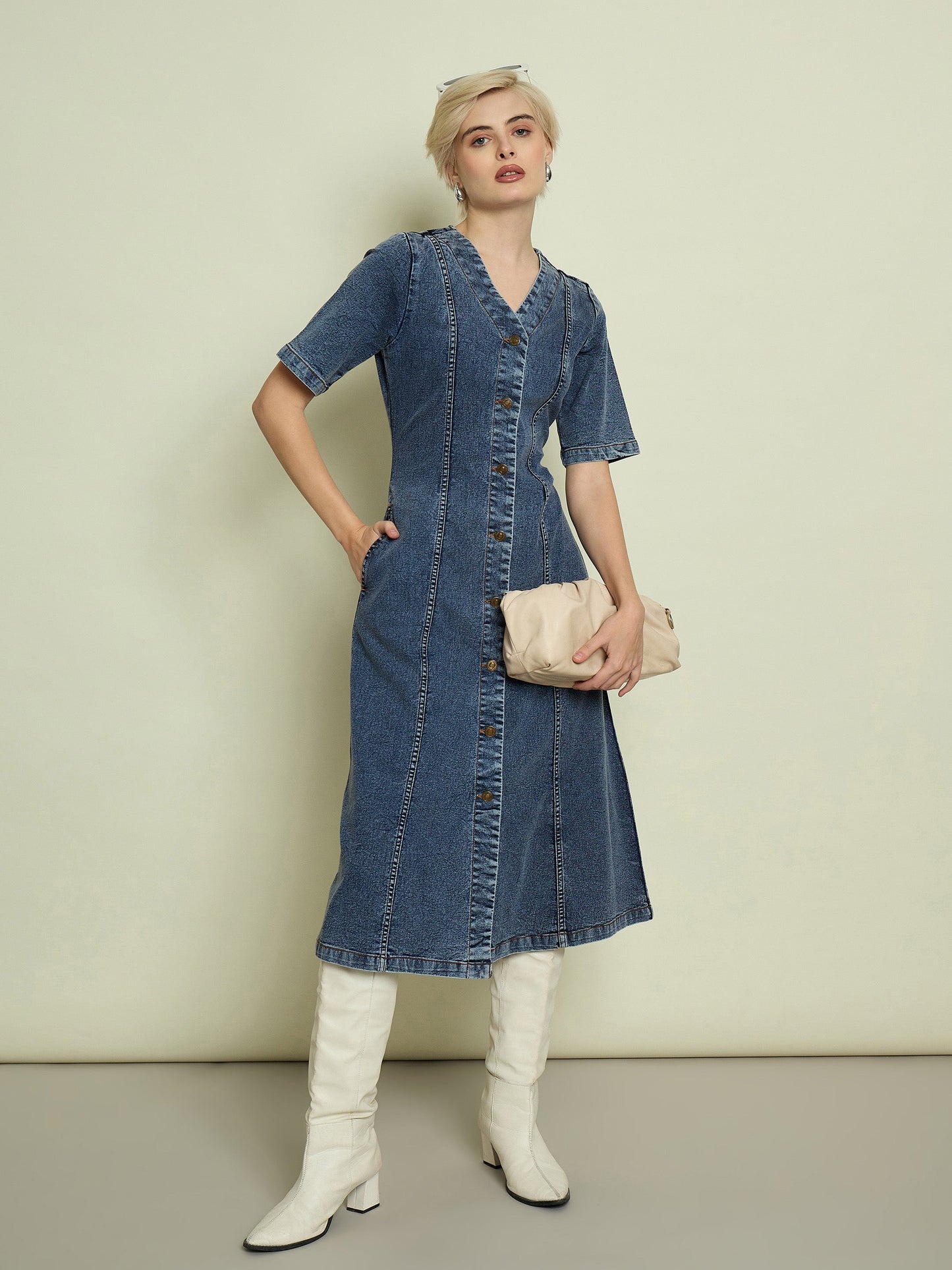 Women Blue Blast Denim V Neck Midi Dress