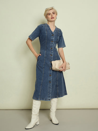 Women Blue Blast Denim V Neck Midi Dress