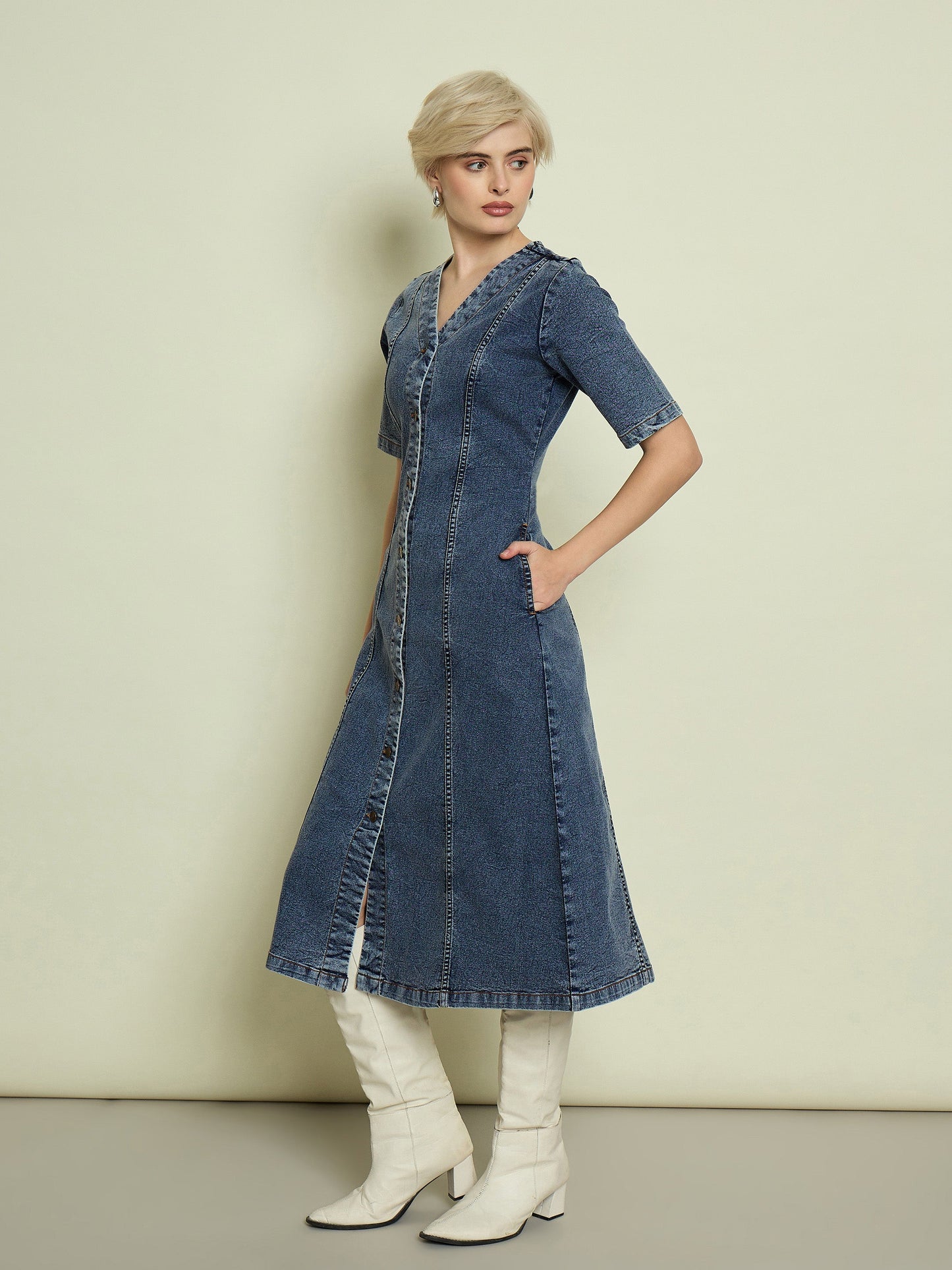 Women Blue Blast Denim V Neck Midi Dress