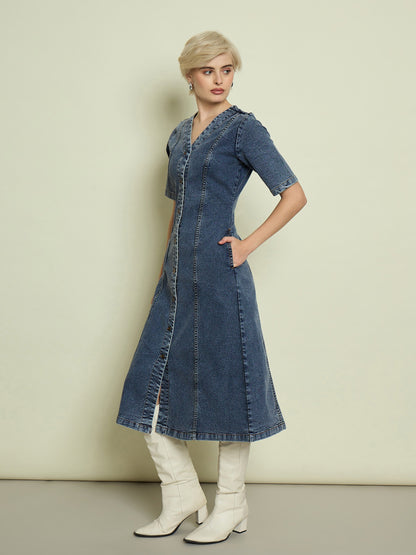 Women Blue Blast Denim V Neck Midi Dress