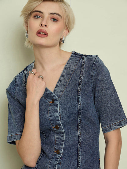 Women Blue Blast Denim V Neck Midi Dress