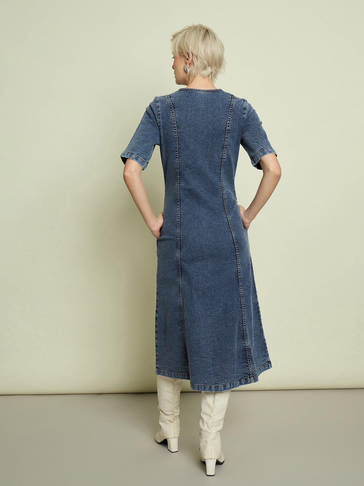 Women Blue Blast Denim V Neck Midi Dress