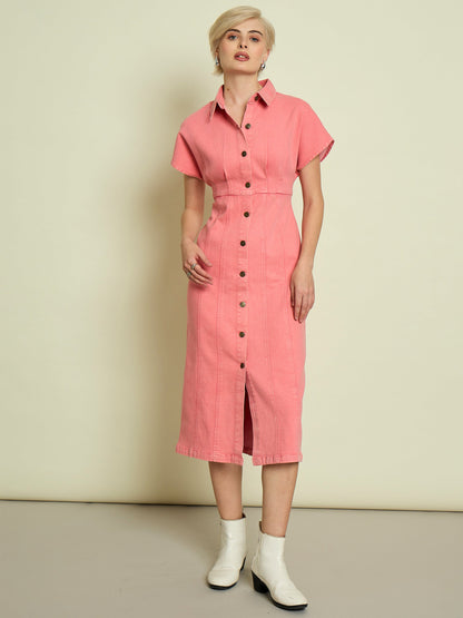Women Pink Denim Kimono Sleeves Midi Dress
