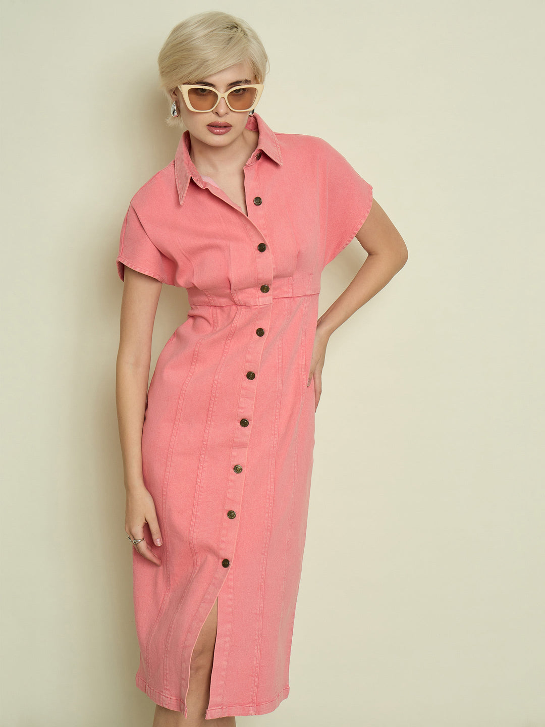 Women Pink Denim Kimono Sleeves Midi Dress
