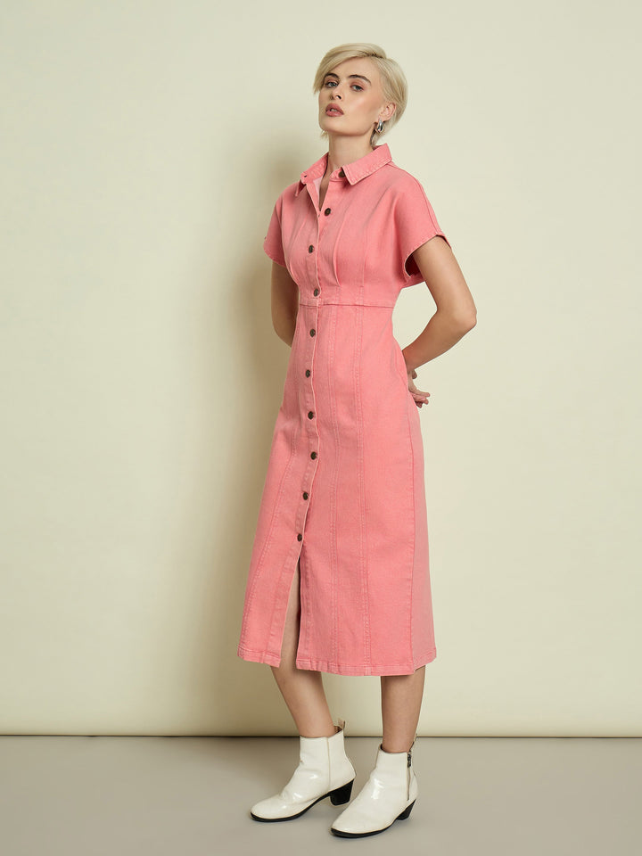 Women Pink Denim Kimono Sleeves Midi Dress