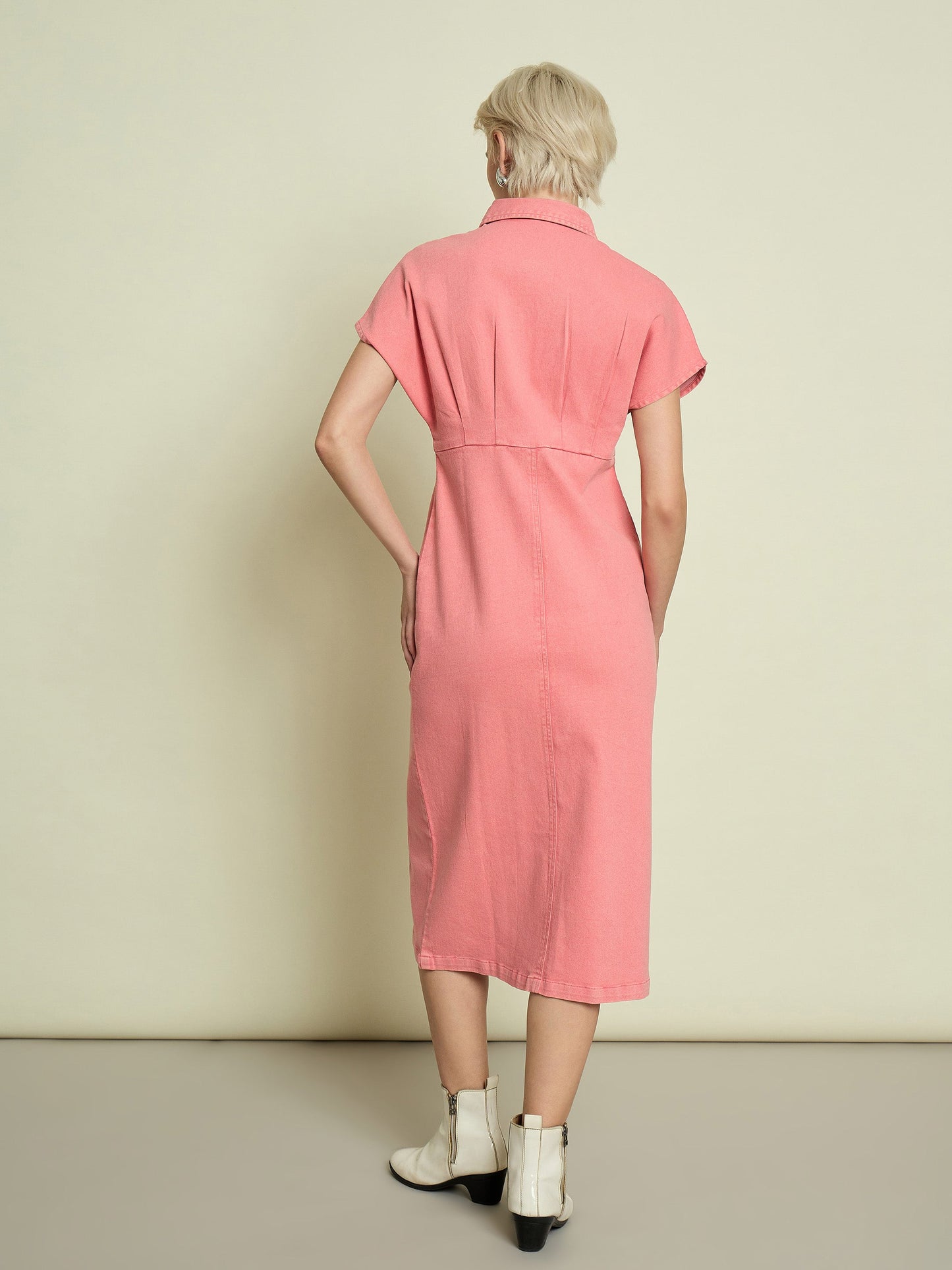 Women Pink Denim Kimono Sleeves Midi Dress