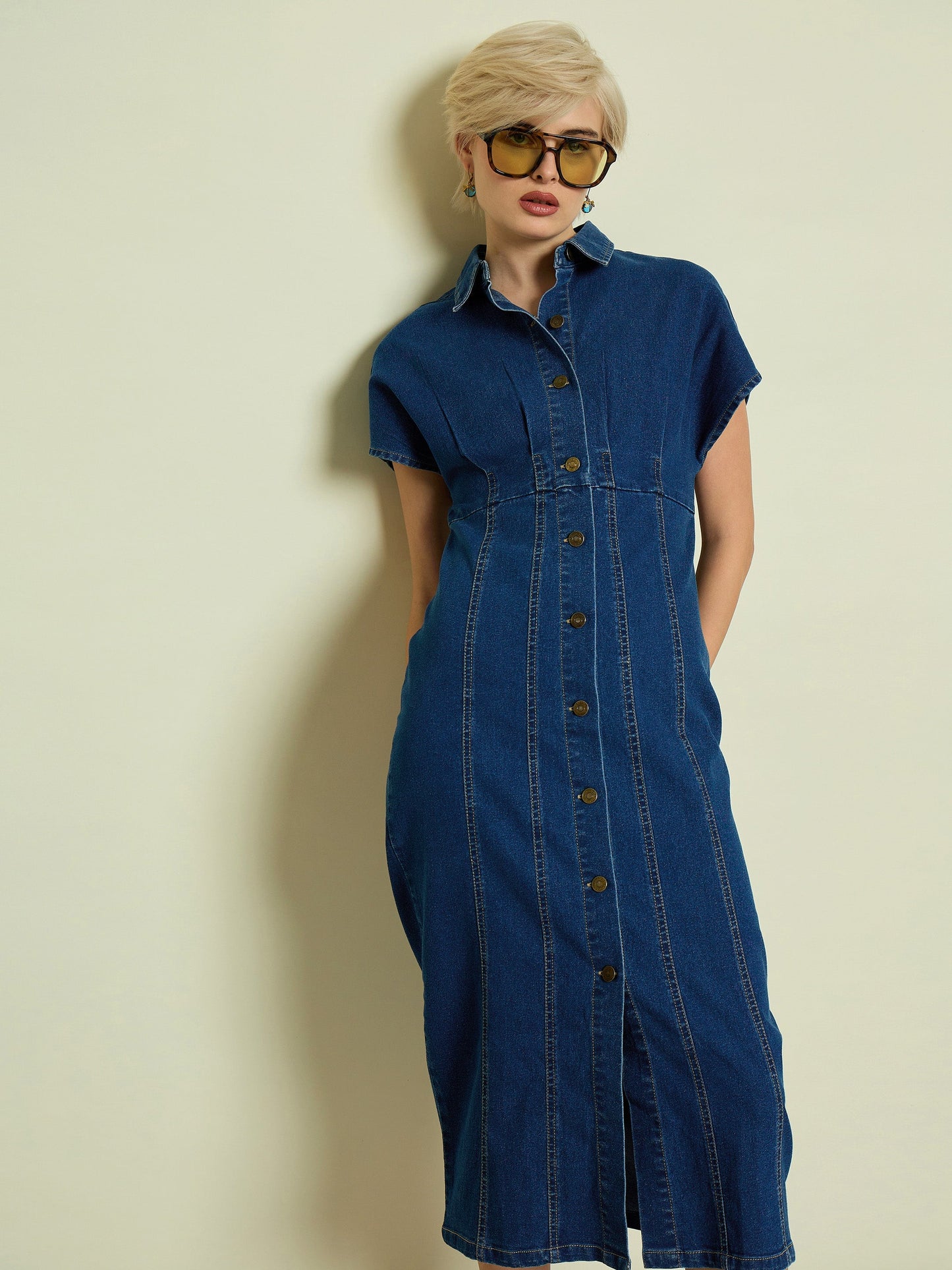 Women's Women Blue Denim Kimono Sleeves Midi Dress in Cotton by Sassafras for wholesale, bulk, supplier, manufacturer and wholesaler buyers from Trendphoria