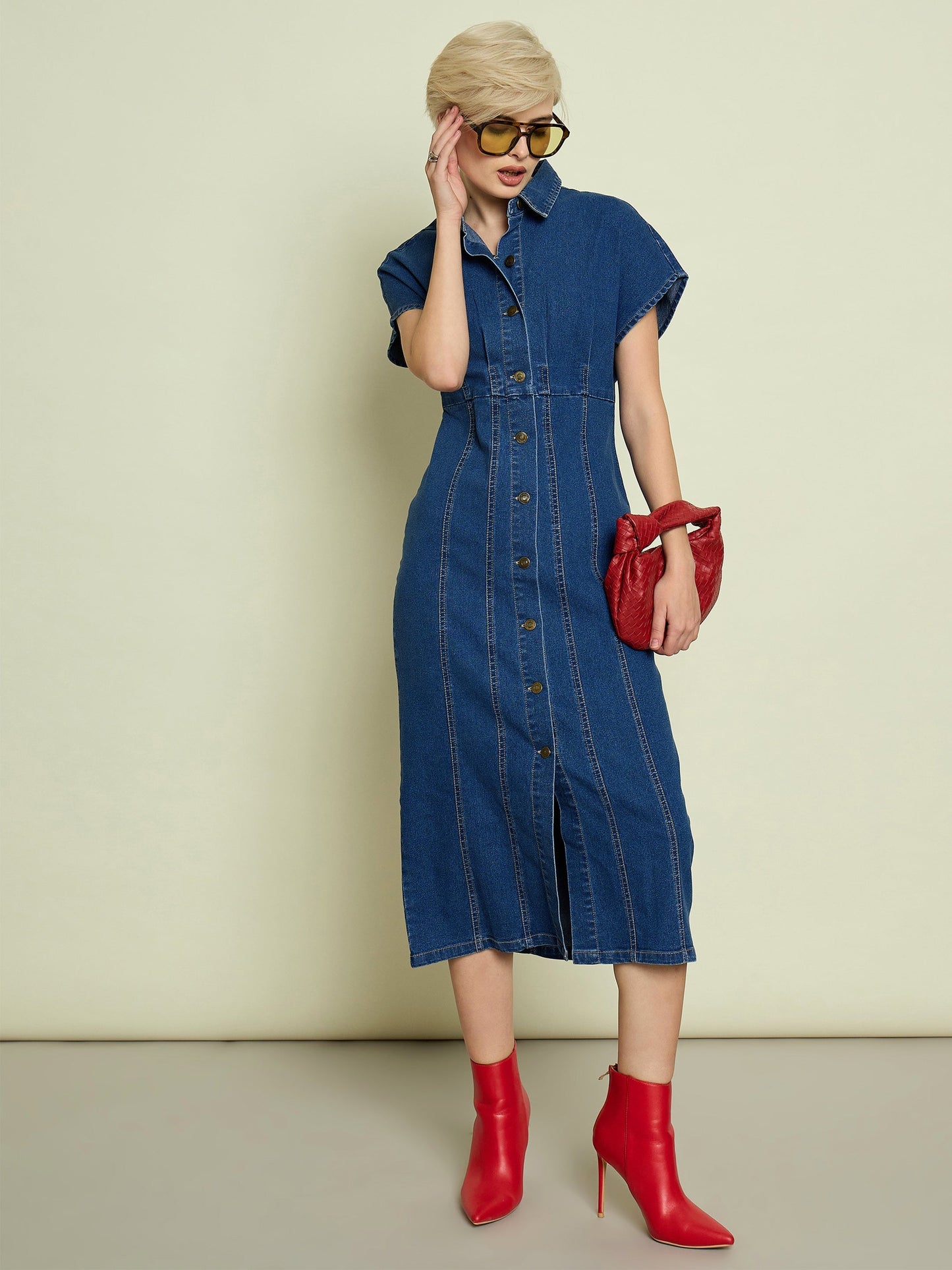 Women Blue Denim Kimono Sleeves Midi Dress
