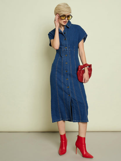 Women Blue Denim Kimono Sleeves Midi Dress