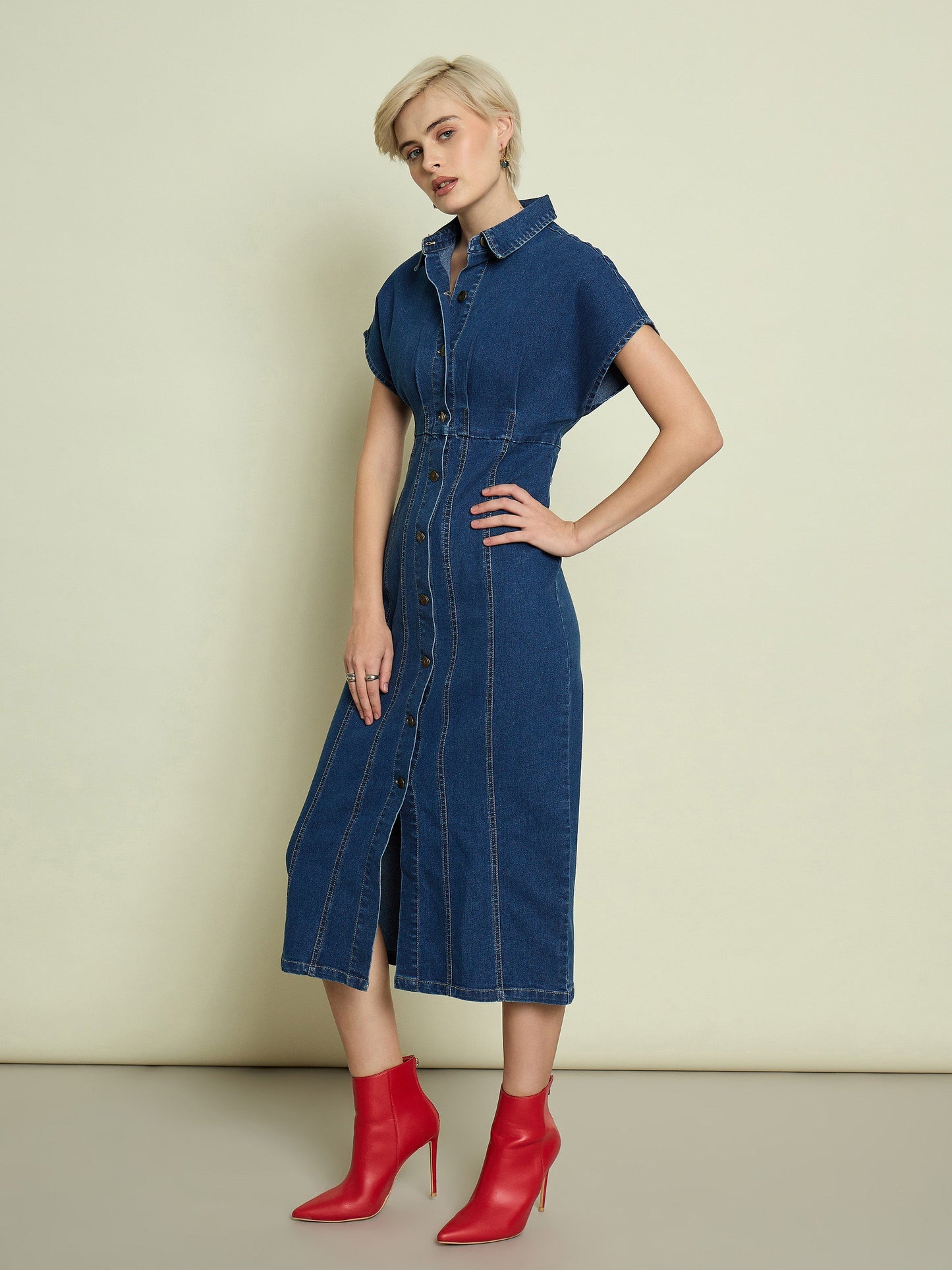 Women Blue Denim Kimono Sleeves Midi Dress