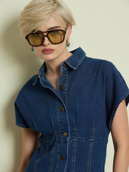 Women Blue Denim Kimono Sleeves Midi Dress