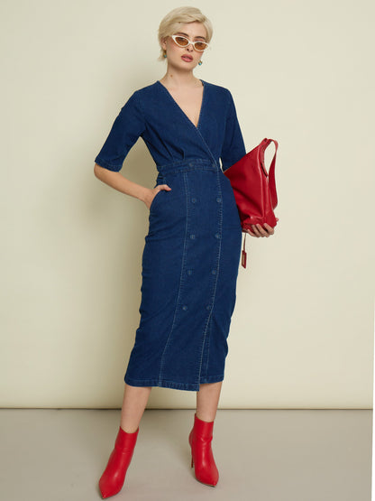 Women Navy Blue Denim Wrap Neck Midi Dress