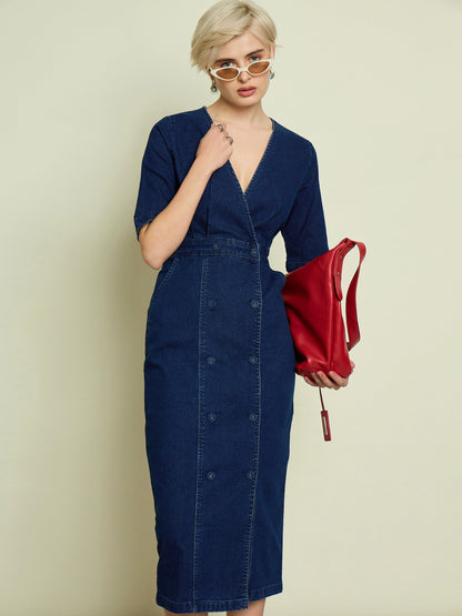 Women Navy Blue Denim Wrap Neck Midi Dress