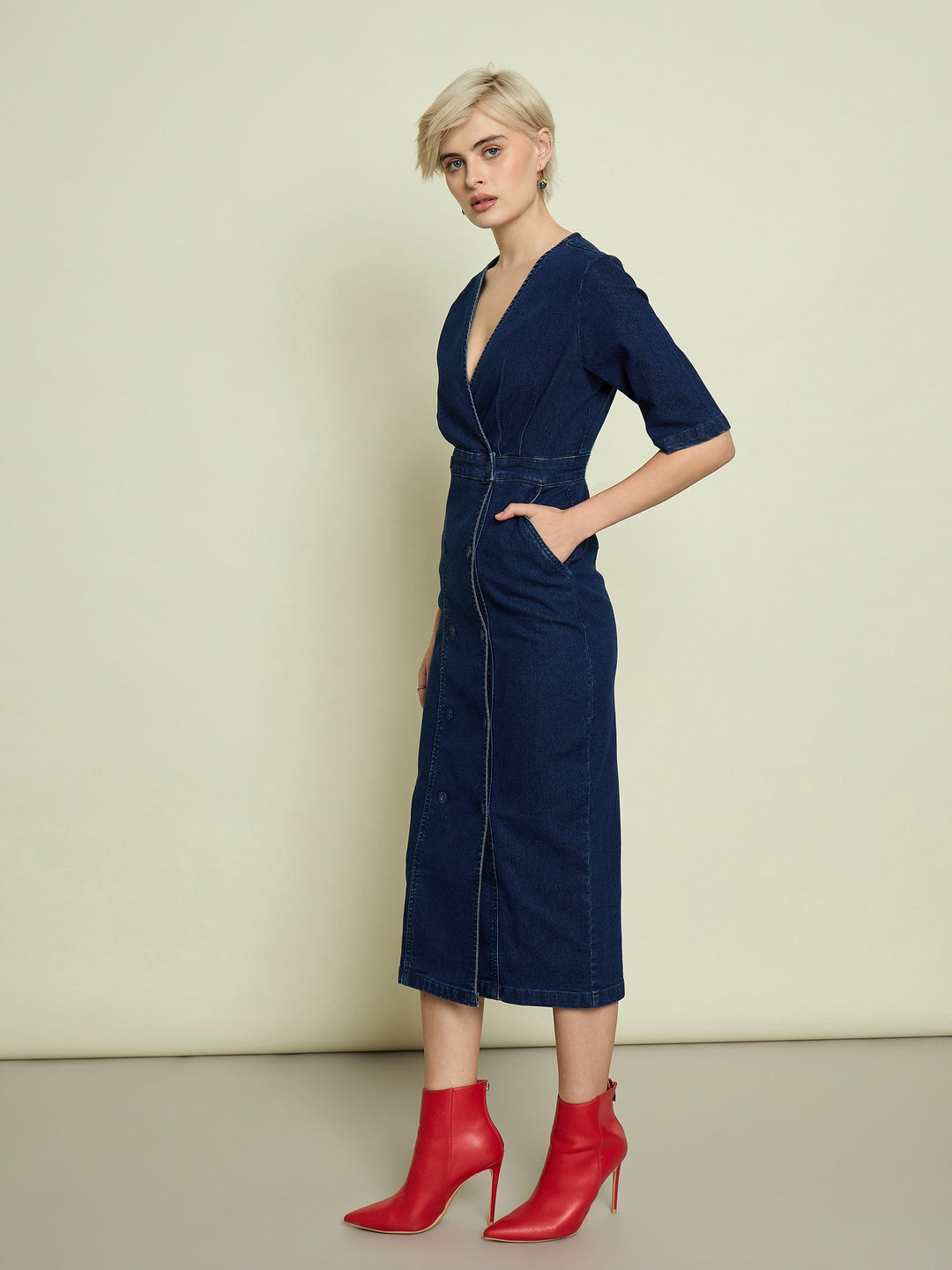 Women Navy Denim Wrap Neck Midi Dress