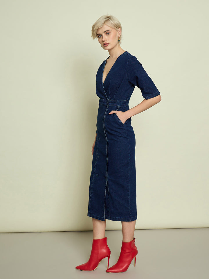 Women Navy Denim Wrap Neck Midi Dress