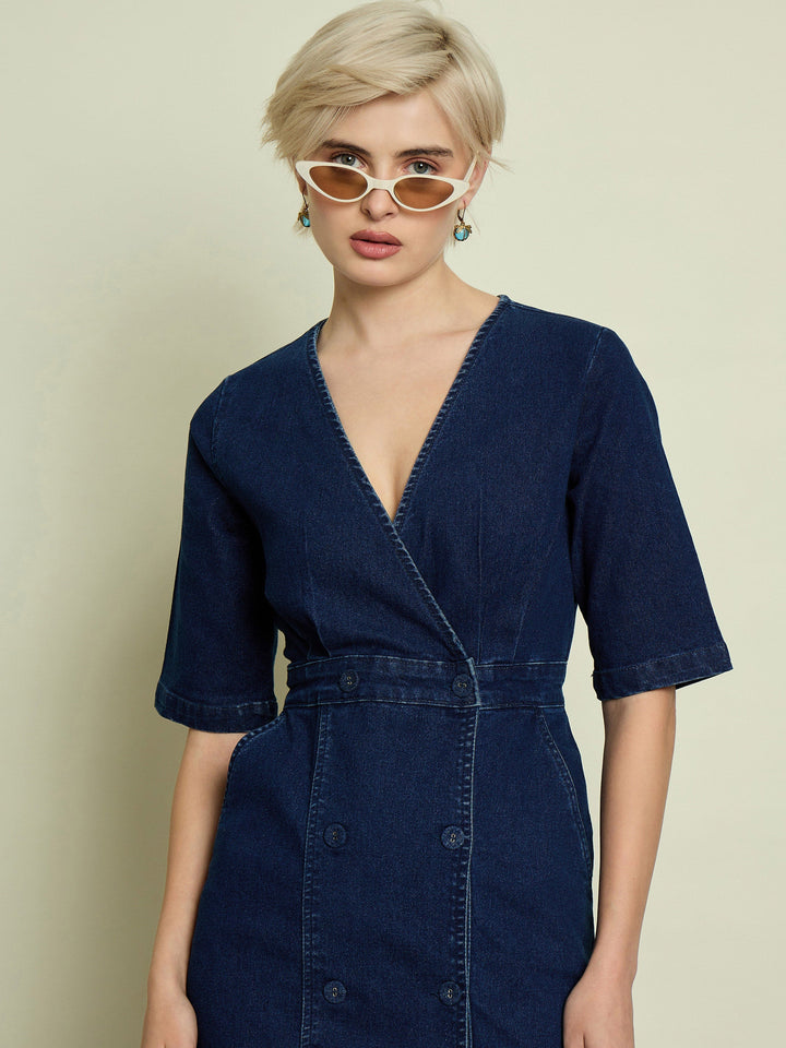 Women Navy Denim Wrap Neck Midi Dress