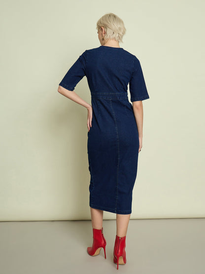 Women Navy Blue Denim Wrap Neck Midi Dress