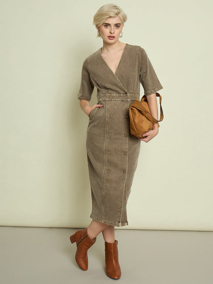 Beige Denim Wrap Neck Midi Dress