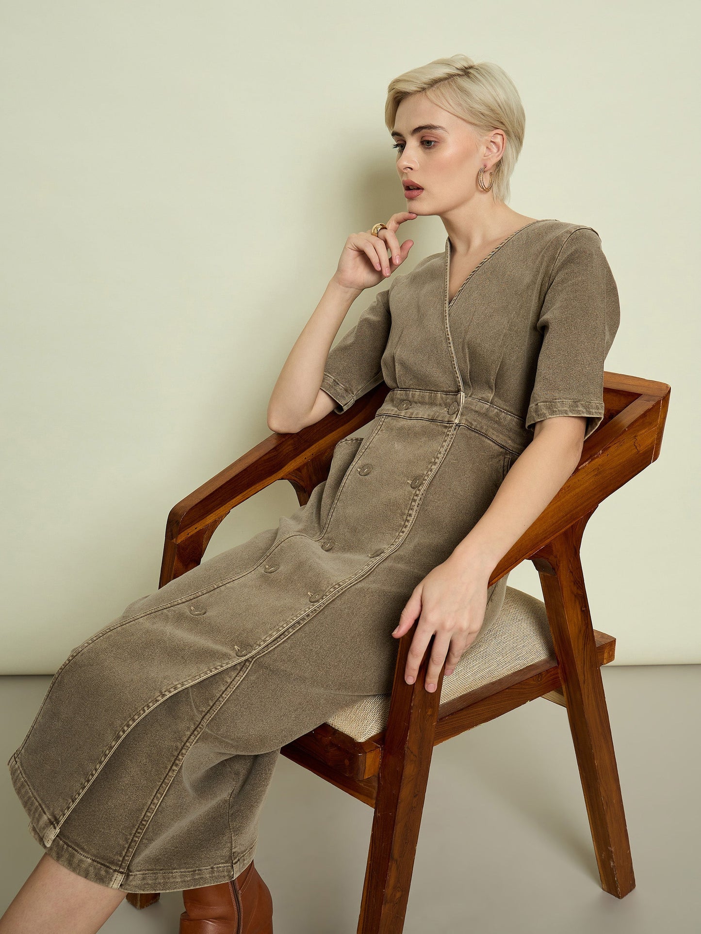 Beige Denim Wrap Neck Midi Dress