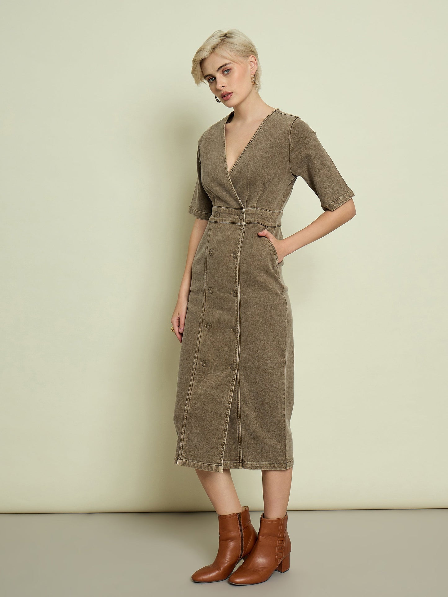 Beige Denim Wrap Neck Midi Dress