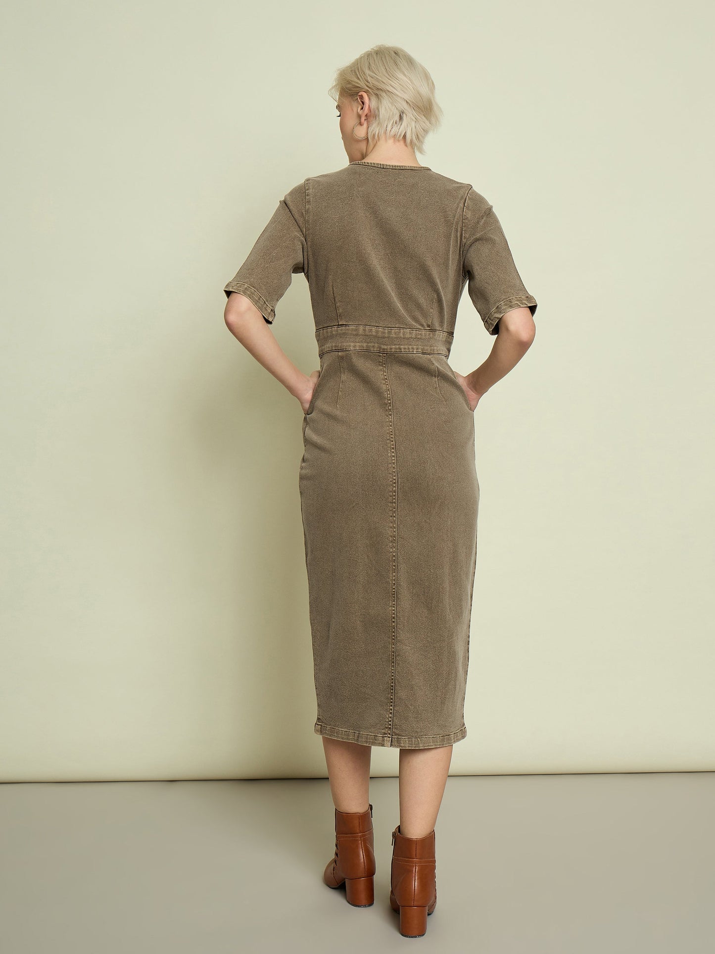 Beige Denim Wrap Neck Midi Dress