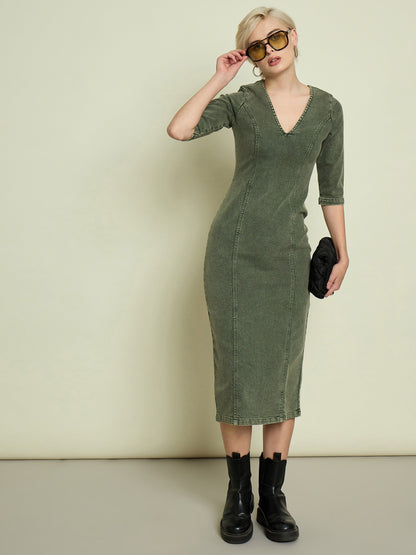 Women Olive Denim V Neck Midi Dress