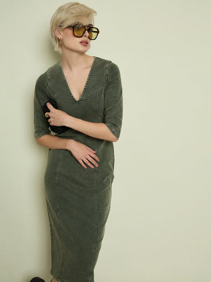 Women Olive Denim V Neck Midi Dress
