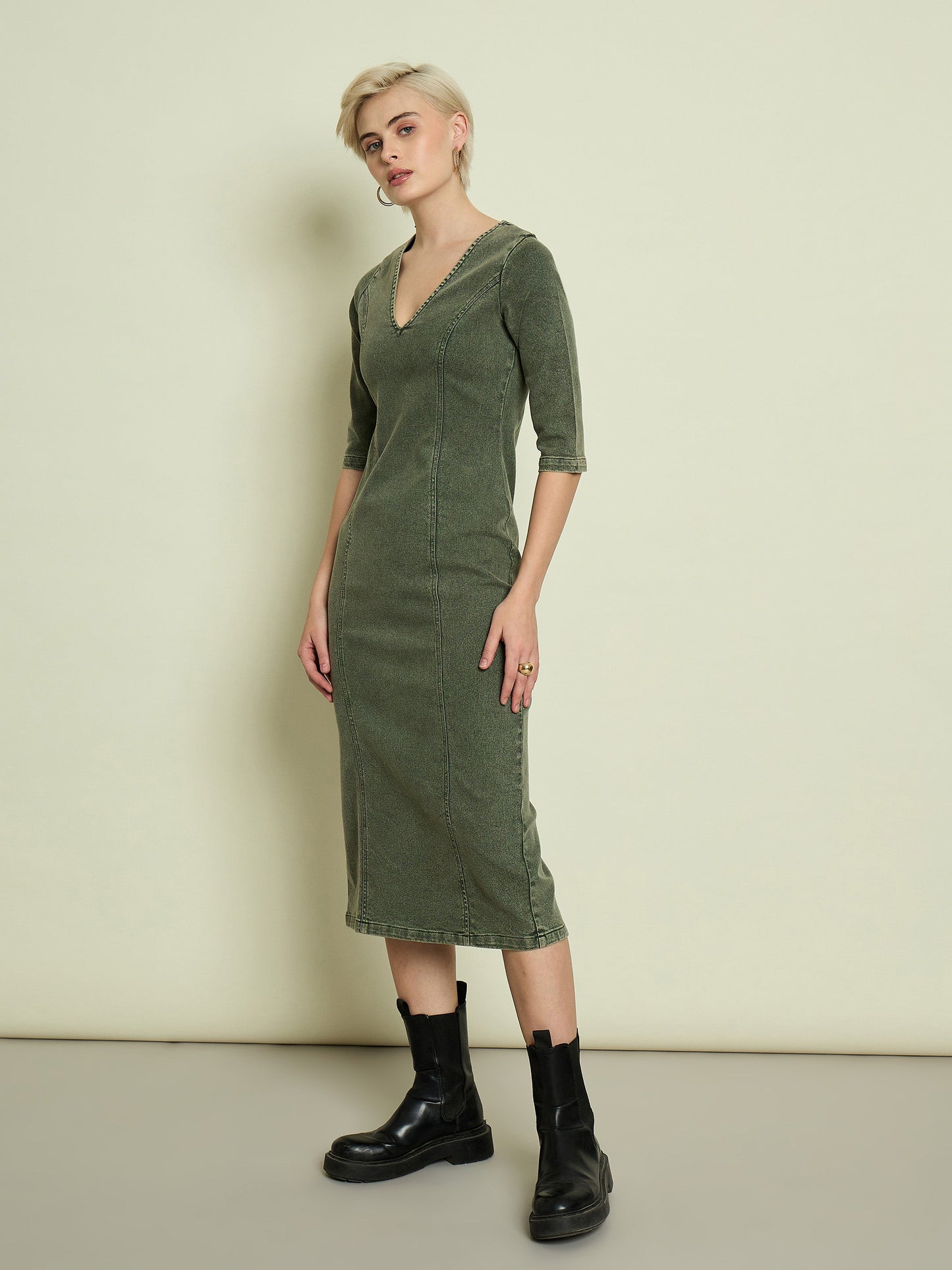 Women Olive Denim V Neck Midi Dress