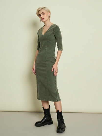 Women Olive Denim V Neck Midi Dress
