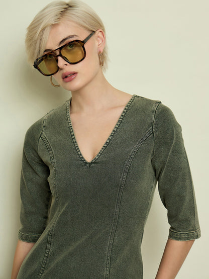 Women Olive Denim V Neck Midi Dress