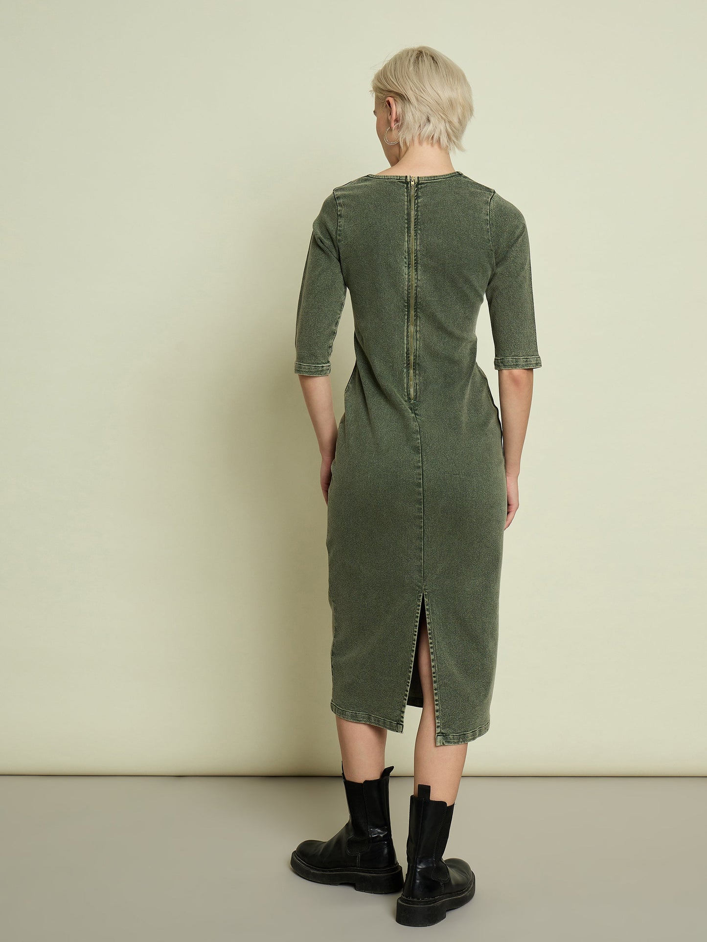 Women Olive Denim V Neck Midi Dress
