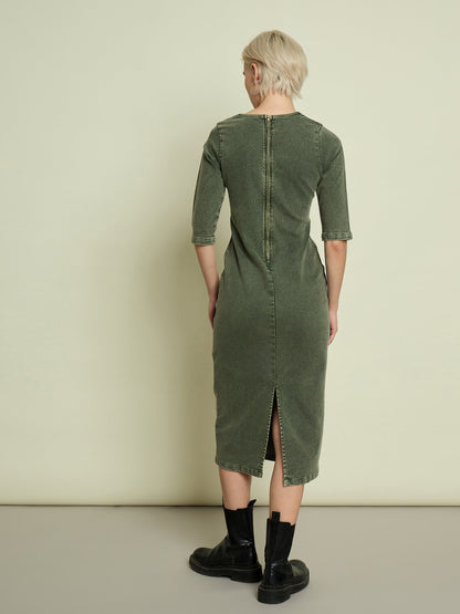 Women Olive Denim V Neck Midi Dress