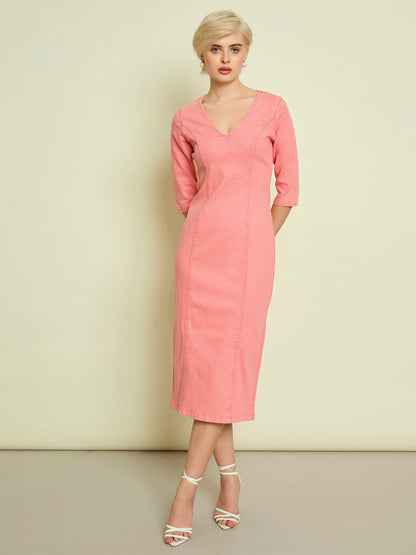 Women Pink Denim V Neck Midi Dress