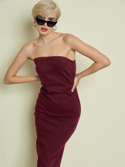 Burgundy Denim Tube Dress