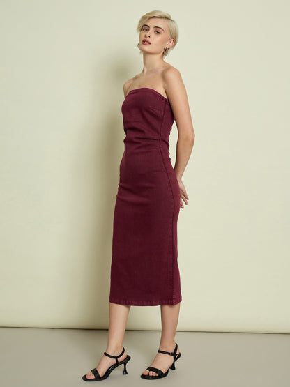 Burgundy Denim Tube Dress