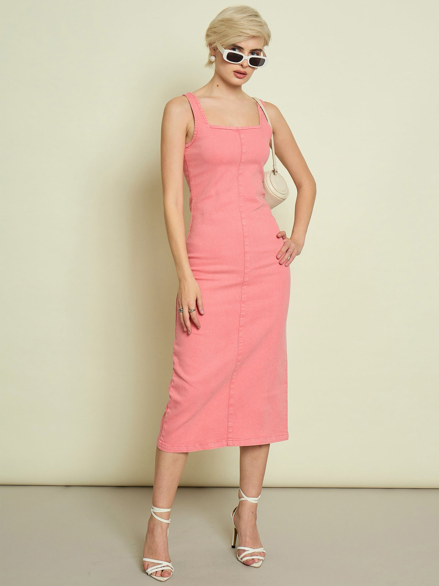 Women Pink Denim Strappy Midi Dress