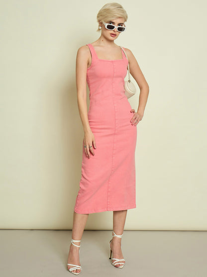 Women Pink Denim Strappy Midi Dress