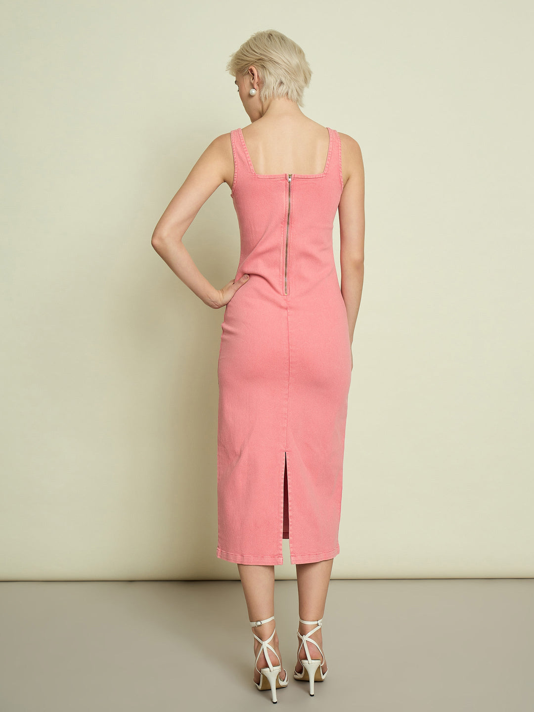 Women Pink Denim Strappy Midi Dress