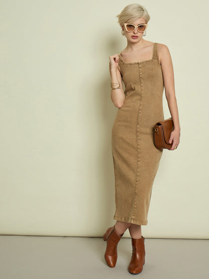 Women Beige Washed Denim Strappy Midi Dress
